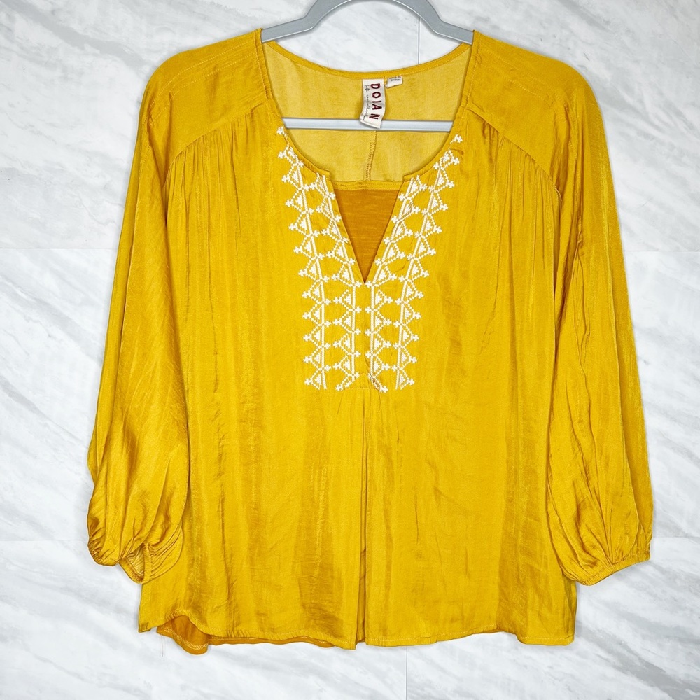 Dolan Anthropologie Alvia Peasant Embroidered Top Gold Yellow Medium